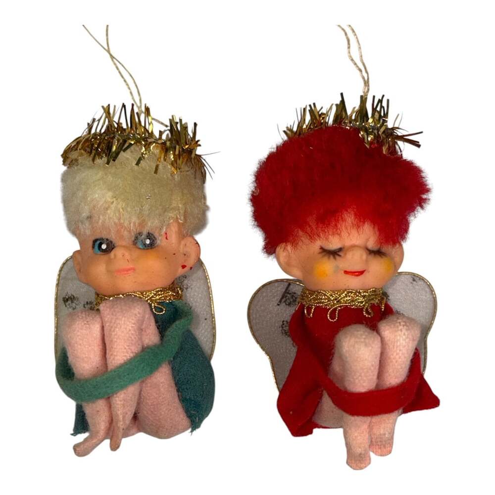 2 Vintage 3" Pixie Angel Knee Hugger Ornament 50s Felt Tinsel Halo Wings Japan